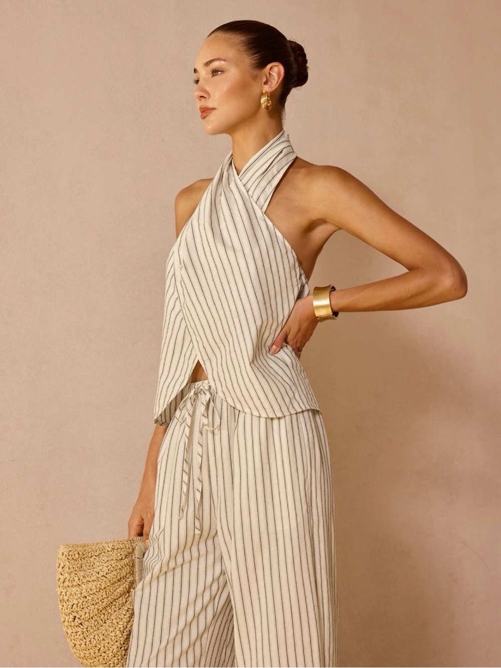 Commense Striped Cotton Linen Halter Top & Pants Set - Picture 2 of 5